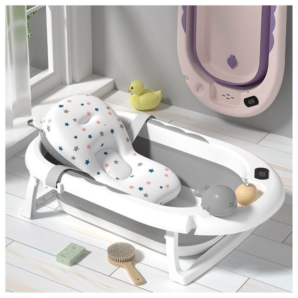 BAÑERA PLEGABLE PARA BEBE CON TERMOMETRO Y GORRO DE BAÑO