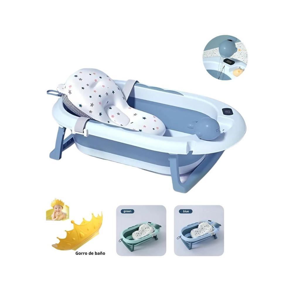BAÑERA PLEGABLE PARA BEBE CON TERMOMETRO Y GORRO DE BAÑO