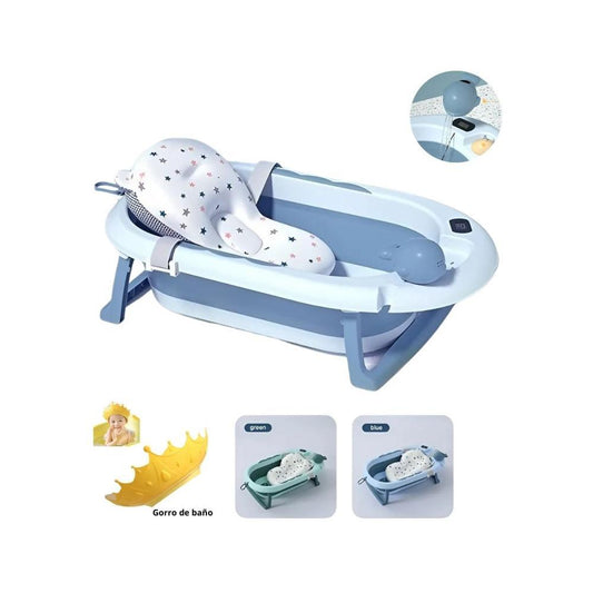BAÑERA PLEGABLE PARA BEBE CON TERMOMETRO Y GORRO DE BAÑO